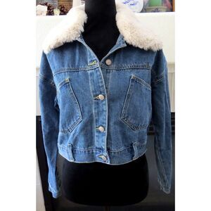 Highway Women's Cropped Denim Trucker Jacket Faux Fur Collar M EUC